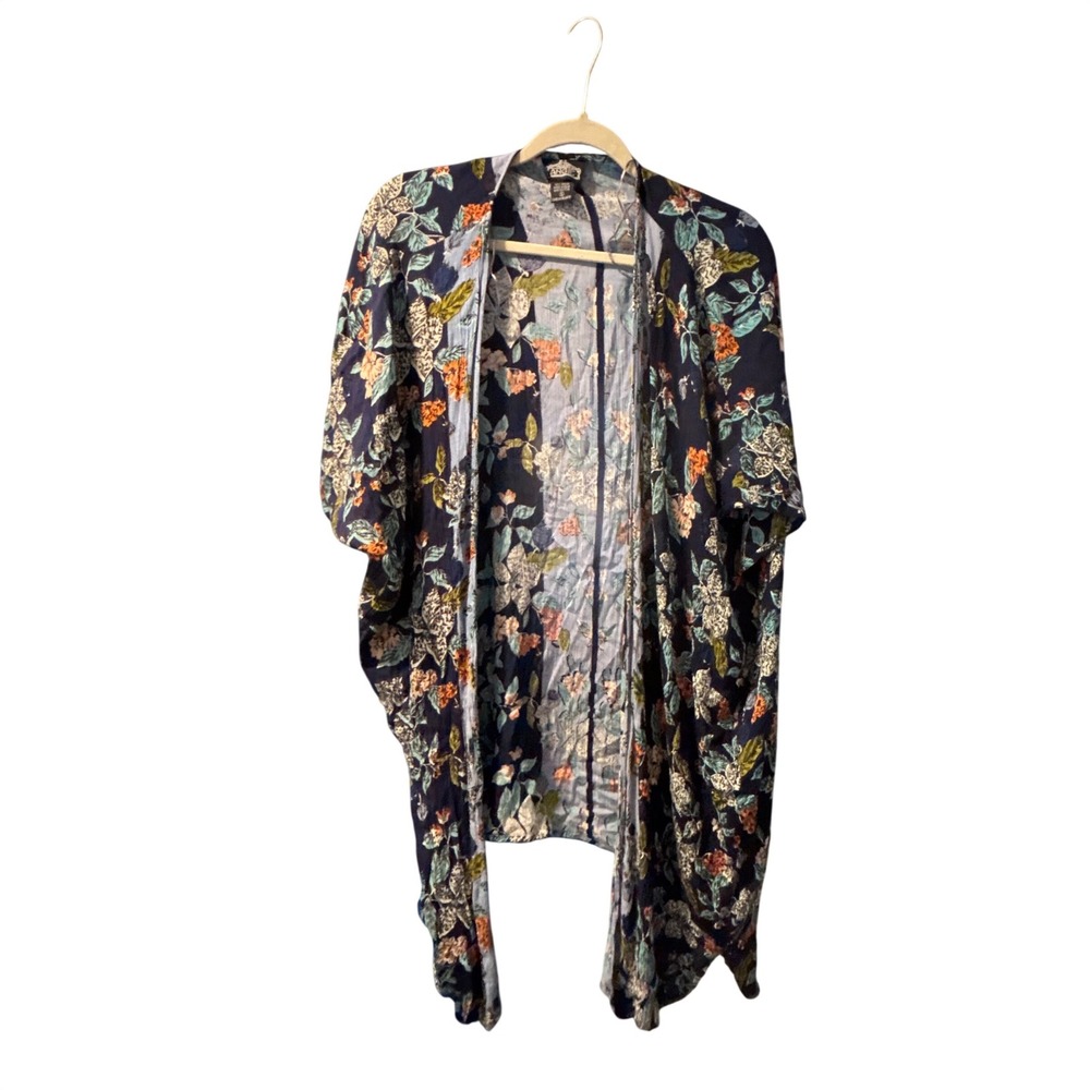 Angie Floral Kimono Duster Navy Blue Rayon Boho Open Front Cardigan Small